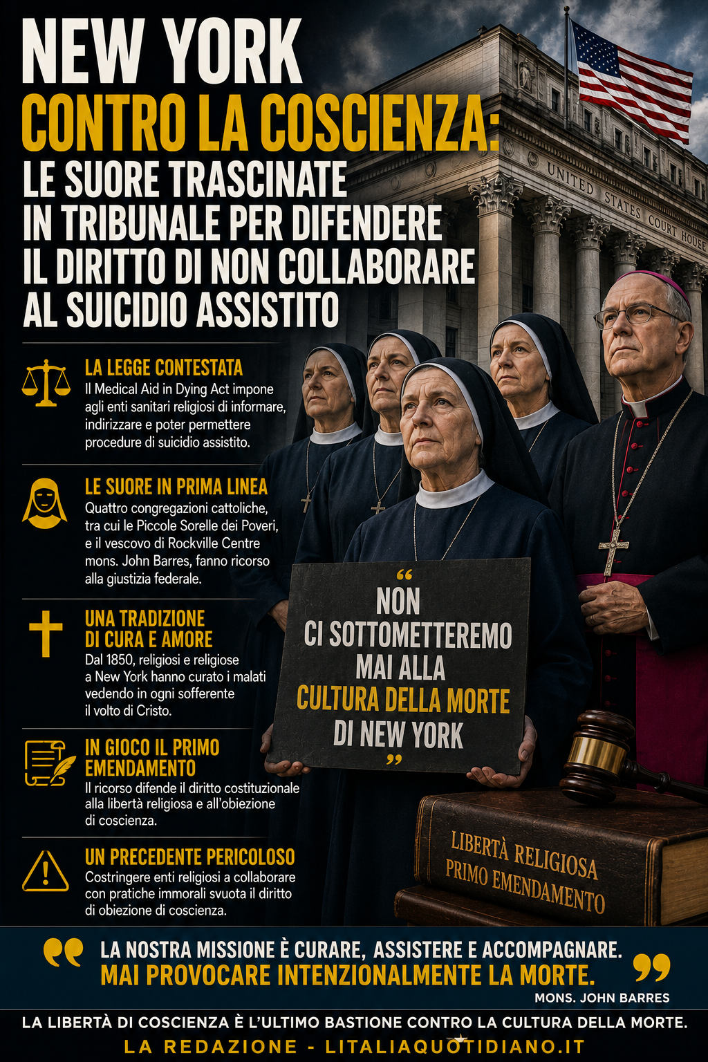 New York contro la coscienza: le suore trascinate in tribunale per difendere il diritto di non collaborare al suicidio assistito