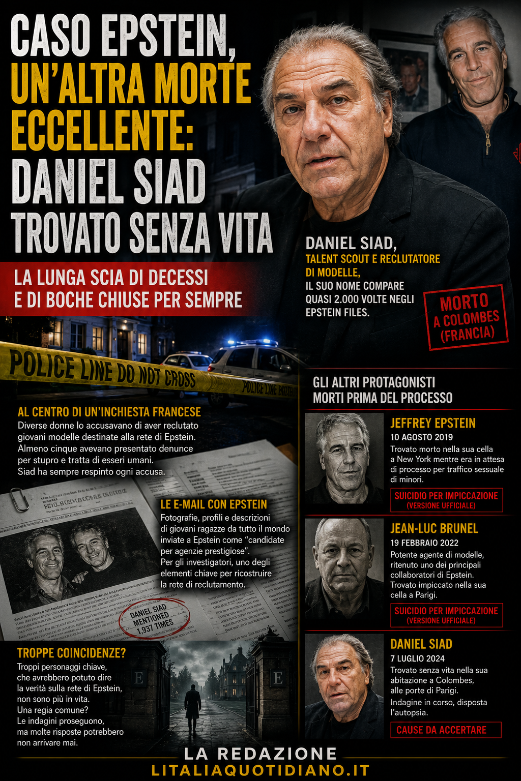 Caso Epstein, un’altra morte eccellente: Daniel Siad trovato senza vita. La lunga scia di decessi e di bocche chiuse per sempre