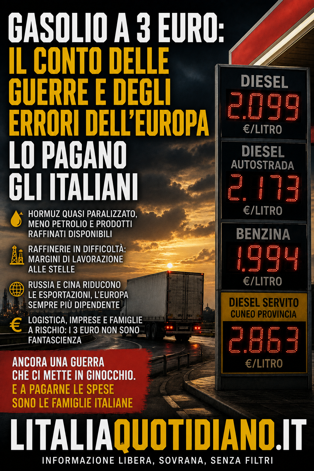 GASOLIO A 3 EURO: IL CONTO DELLE GUERRE E DEGLI ERRORI DELL’EUROPA LO PAGANO GLI ITALIANI