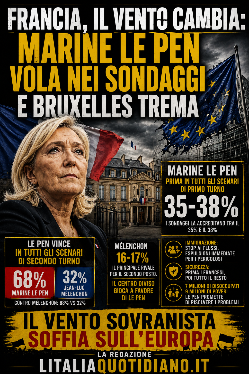 Francia, il vento cambia: Marine Le Pen vola nei sondaggi e il Bruxelles trema