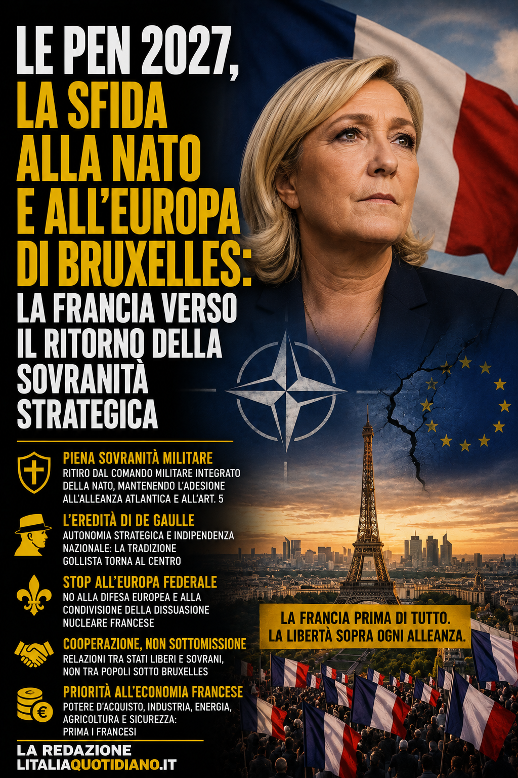 Le Pen 2027, la sfida alla NATO e all’Europa di Bruxelles: la Francia verso il ritorno della sovranità strategica
