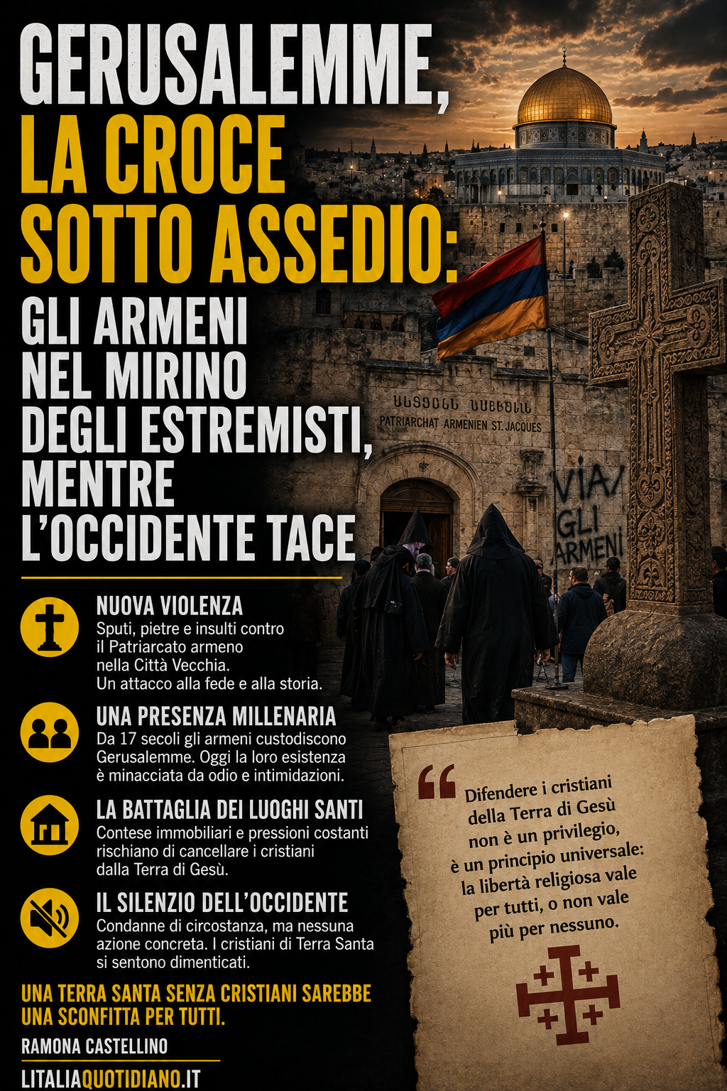 Gerusalemme, la croce sotto assedio: gli armeni nel mirino degli estremisti, mentre l’Occidente tace