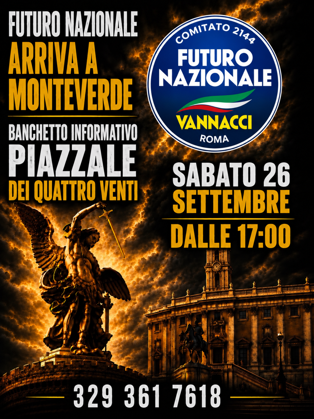 FUTURO NAZIONALE ARRIVA A MONTEVERDE: SABATO 26 SETTEMBRE BANCHETTO INFORMATIVO A PIAZZALE DEI QUATTRO VENTI